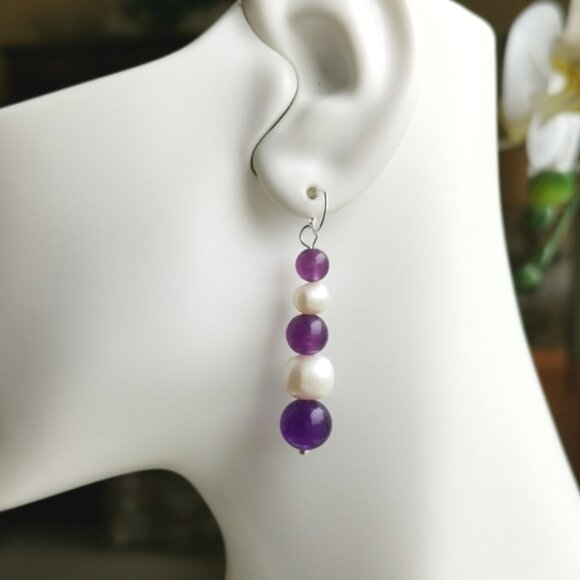Amethyst White Freshwater Pearl Dangle  Earrings - Picture 1 of 1